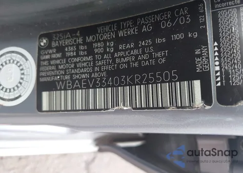 2003 BMW 325 I z USA, uszkodzony, nr VIN WBAEV33403KR25505